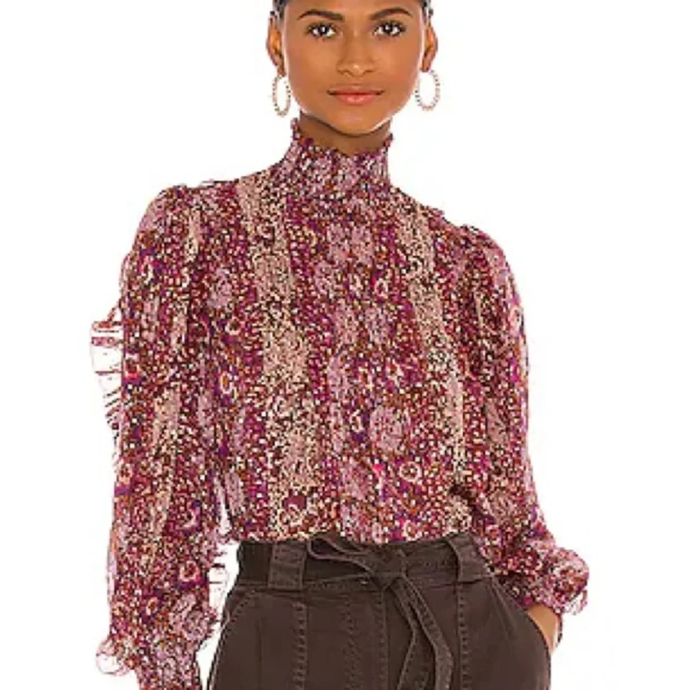 Ulla Johnson Burgundy Floral Ruffled High-Neck Blouse